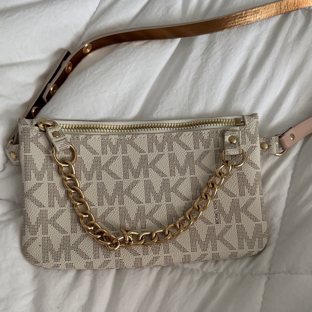 Michael Kors Monogram Beige Crossbody with Gold Chain